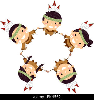 Illustration de Stickman Native American Kids Holding Hands and looking up Banque D'Images