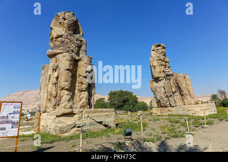 Les colosses de Memnon, deux énormes statues de pierre du pharaon Aménophis III, à la nécropole thébaine à Louxor, Égypte, Afrique Banque D'Images