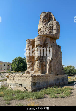 Les colosses de Memnon, deux énormes statues de pierre du pharaon Aménophis III, à la nécropole thébaine à Louxor, Égypte, Afrique Banque D'Images