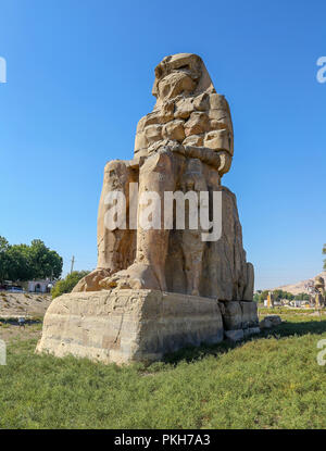 Les colosses de Memnon, deux énormes statues de pierre du pharaon Aménophis III, à la nécropole thébaine à Louxor, Égypte, Afrique Banque D'Images