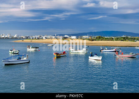 Bateaux de pêche d'un ancrage dans l'estuaire de la rivière avec banc, colline verte et la ville en arrière-plan Banque D'Images