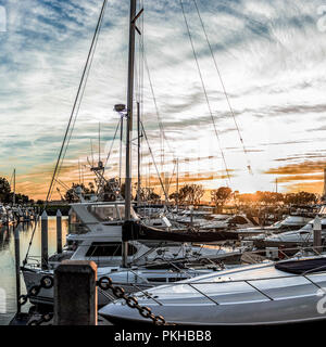 Yachts blancs et San Diego Harbor au coucher du soleil Banque D'Images