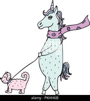 Belle licorne dessinée à la main-girl à un foulard marcher avec un chien en laisse. Illustration de Vecteur