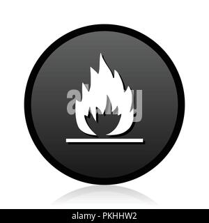 Flamme vector rond noir argent métallique ronde chrome icône web sur fond blanc avec la réflexion Illustration de Vecteur