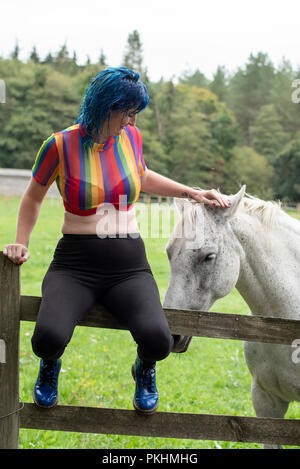 Une femme aux cheveux bleus coups un cheval blanc dans un pâturage Banque D'Images