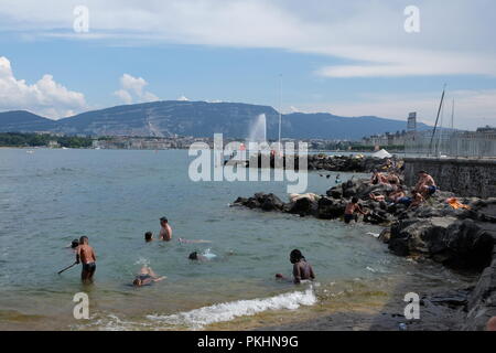 Les nageurs bénéficiant d'un été, nager dans le lac de Genève, Suisse Banque D'Images