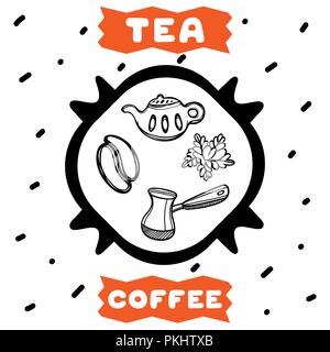 Cute hand drawn affiche pour café avec café, théière style croquis et de menthe. Cartoon illustration. Illustration de Vecteur