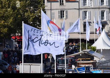 Festival de la fiction de La Rochelle, France, est un concours destiné à initier les professionnels et le public à la nouvelle télévision creations de la saison. Banque D'Images