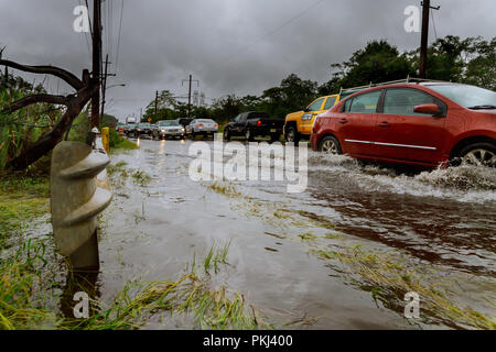 Une file de voitures rouler sur une route sous l'eau. Inondation sur la rue par une voiture splash Banque D'Images