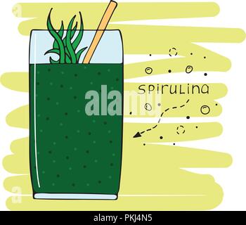 Illustration dessinée à la main avec un verre de la spiruline dans un verre. Illustration de Vecteur