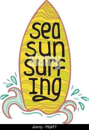 Illustration unique avec un lettrage dessiné à la main pour le surf. La mer, le soleil, le surf. Illustration de Vecteur