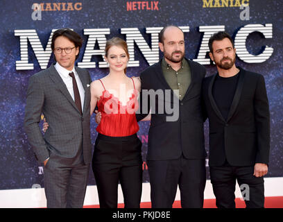 La photo doit être crédité ©Presse Alpha 079965 13/09/2018 Cary Joji Fukunaga, Emma Stone, Patrick Somerville et Justin Theroux au Maniac World TV Premiere tenue au Southbank Centre à Londres Banque D'Images