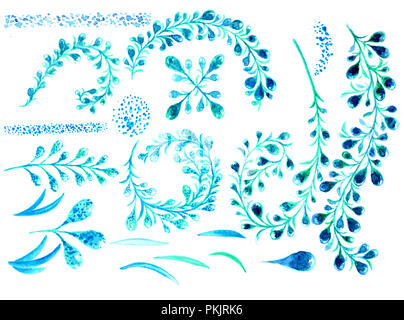 Floral aquarelle set.bleu et vert coloré collection floral avec des feuilles et fleurs,dessin aquarelle. Ensemble d'éléments floraux pour les compositions. Banque D'Images