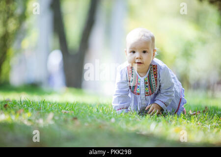 Cute baby girl de ramper sur pelouse au parc et looking at camera Banque D'Images