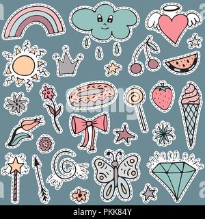 Vector set de beaux autocollants dessiné à la main. Illustrations isolées. Illustration de Vecteur