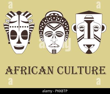 Set de 3 masques africains traditionnels sur un fond beige. Illustration de Vecteur