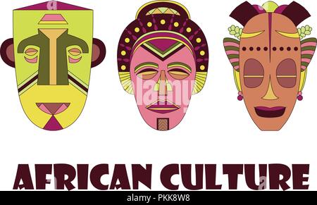 Set de 3 masques africains traditionnels sur un fond blanc. Illustration de Vecteur