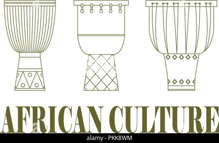 Ensemble de trois tambours africains traditionnels sur un fond blanc. Illustration de Vecteur