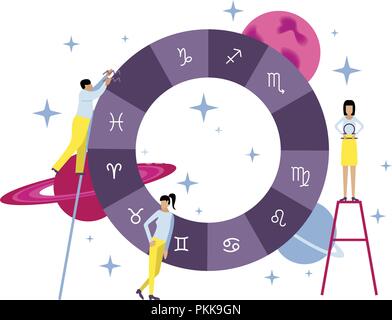 Vector illustration avec les petites gens. Création de la carte d'origine et l'horoscope. Les planètes, les étoiles, l'astrologie. Illustration de Vecteur