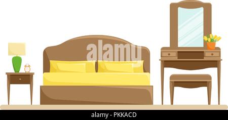 Vector illustration de l'intérieur chambre à coucher avec lit double et treillis sur le fond blanc. Illustration de Vecteur