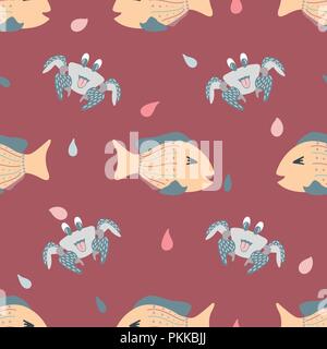 Modèle sans couture avec de beaux poissons à la main. Illustration de Vecteur