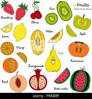Un ensemble de fruits mignons dessiné à la main pour la conception. Illustration de Vecteur