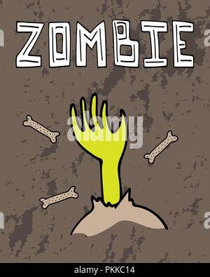 Carte de souhaits pour l'Halloween avec un zombie part et lettrage dessiné à la main. Illustration de Vecteur