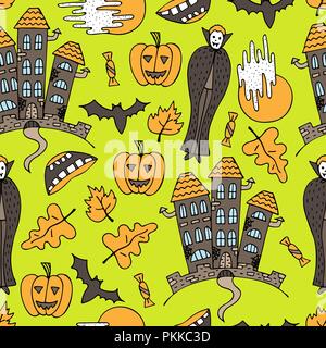 Halloween dessiné à la main avec motif transparent coloré doodles. Illustration de Vecteur