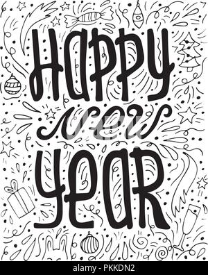 Le noir et blanc avec lettrage dessiné à la main des doodles - bonne année. Illustration de Vecteur