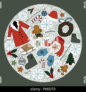 Le cercle avec de nouvelles images de l'année. Vector Illustration pour les vacances d'hiver. Illustration de Vecteur