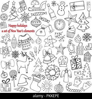 Ensemble de 58 éléments de design. La belle à la main des illustrations du Nouvel An. Illustration de Vecteur