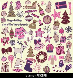Ensemble de 58 éléments de design. La belle à la main des illustrations du Nouvel An. Illustration de Vecteur