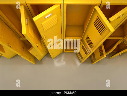 Une télévision regarder une pile bien éclairé de l'ouverture des casiers jaune vide dans un couloir de l'école - 3D render Banque D'Images