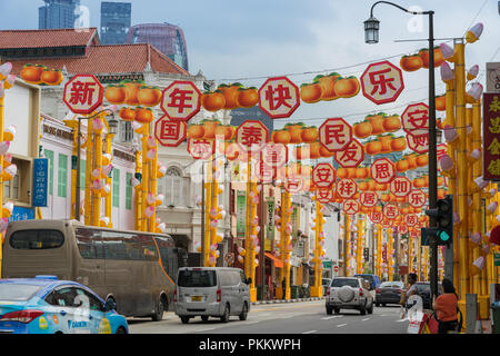 Singapour - 08 Février 2018 : Nouvel An Chinois Fête des décorations sur les rues de Chinatown Banque D'Images