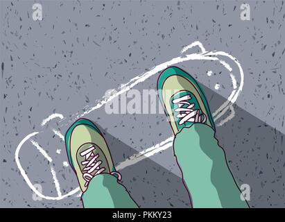 Skateboard peint sur la chaussée et l'homme pieds top view Illustration de Vecteur