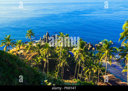 Paysage tropical de dessus le coastal vue aérienne drone abattu. Forêt de palmiers, des roches et de l'Océan Indien. Le paradis des lieux avec de l'eau turquoise à Goa, en Banque D'Images