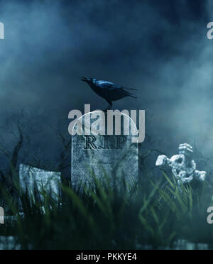 Crow sur une pierre tombale au soir de l'halloween, 3d illustration Banque D'Images