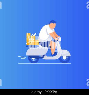 Jeune homme riding scooter moto en télévision vector illustration style. Livraison à l'étranger Illustration de Vecteur