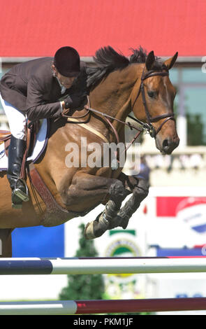 Spruce Meadows, 2004 Continental Cup Nexen, Jose Rega (URU) équitation Merlin 552 Banque D'Images