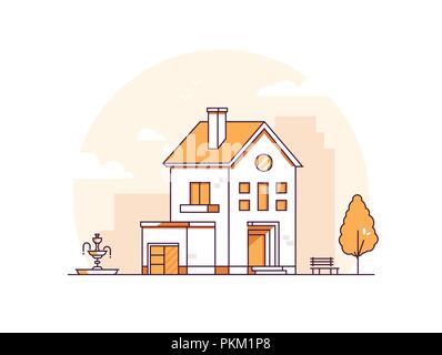 Appartement Maison - moderne ligne fine style design vector illustration sur fond blanc. Image de couleur orange avec un beau bâtiment, maison mitoyenne avec d Illustration de Vecteur