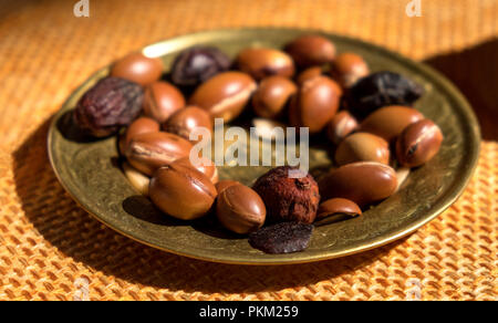 Les noix d'Argan graines sur une assiette - Argan est utile comme antioxydant pour la guérison de la rougeur de la peau inflammations vergetures Banque D'Images