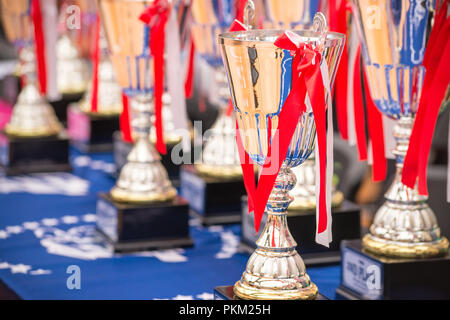 Socle avec les tasses et les prix en prévision des gagnants. Banque D'Images