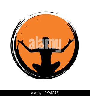 Jeune personne assise dans un cercle orange yoga méditation position du lotus silhouette vector illustration EPS10 Illustration de Vecteur