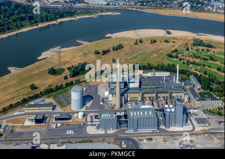 Vue aérienne, Lausward power plant, Rhin, Rheinbogen, cycle combiné, Lausward power plant, faible de l'eau sur le Rhin Banque D'Images