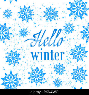 Bonjour l'hiver affiche typographique. Expression dessiné à la main. Le lettrage sur Snowflake Background Banque D'Images