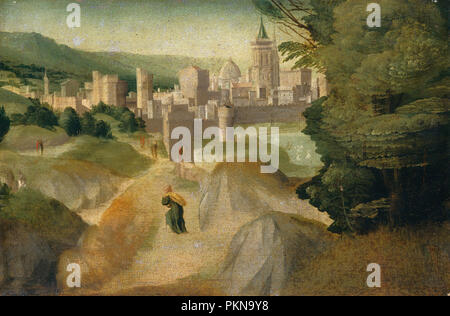 Scènes d'une légende. En date du : probablement c. 1515/1520. Dimensions : hors tout : 27,9 x 41,9 cm (11 x 16 1/2 in.) (en haut à droite encadrée toile, encadrée de 1939.1.344.a et .b) : 113,67 x 86,68 x 6,03 cm (34 1/8 x 44 3/4 x 2 3/8 in.). Médium : Huile sur toile. Musée : National Gallery of Art, Washington DC. Auteur : Giovanni Larciani (Maître de la Kress paysages). Banque D'Images