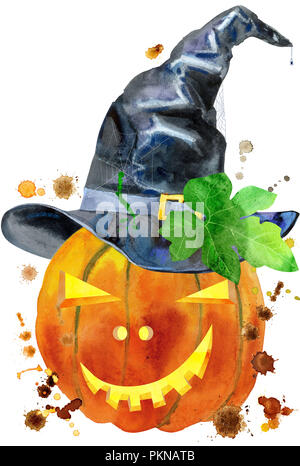 Halloween à l'aquarelle. Illustrations de la main isolé sur fond blanc : citrouille dans un chapeau de sorcière. Décoration automne artistique art clip Jack O La Banque D'Images