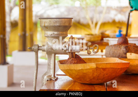 Close up de fèves de cacao et le cacao moulu sur une table en bois, avec moulin manuel, dans un arrière-plan flou Banque D'Images
