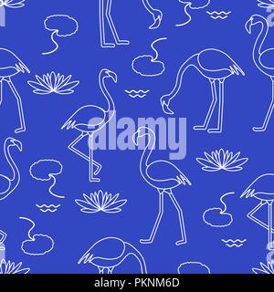 Modèle sans couture avec Flamingo, les fleurs et les feuilles des nénuphars. Conception pour poster ou imprimer. Illustration de Vecteur