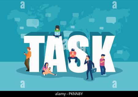 Nouveau concept de démarrage des tâches. Vecteur de gens d'affaires indépendants à l'aide de périphériques mobiles pour la gestion, l'élaboration du projet. Illustration de Vecteur